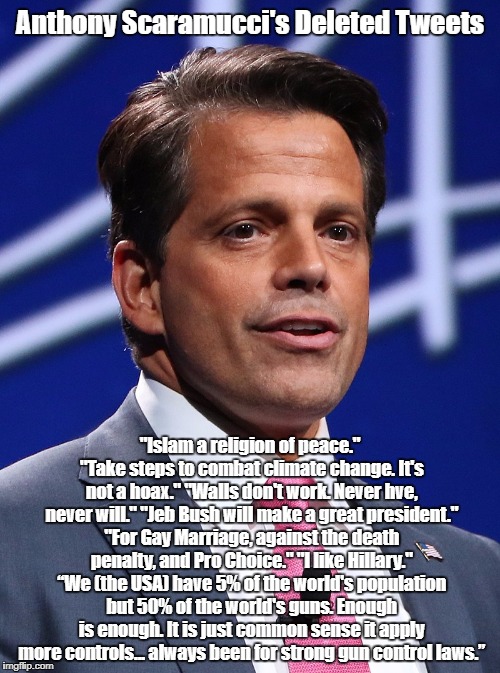 Scaramucci's Views Of Trump Before He Was Bought Off By Money And Seduced By Power | Anthony Scaramucci's Deleted Tweets; "Islam a religion of peace." "Take steps to combat climate change. It's not a hoax." "Walls don't work. Never hve, never will." "Jeb Bush will make a great president." "For Gay Marriage, against the death penalty, and Pro Choice." "I like Hillary." “We (the USA) have 5% of the world's population but 50% of the world's guns. Enough is enough. It is just common sense it apply more controls... always been for strong gun control laws.” | image tagged in the mooch,scaramucci in favor of gun control,scaramucci pro choice,scaramucci anti-death penalty,scaramucci thinks walls are stu | made w/ Imgflip meme maker