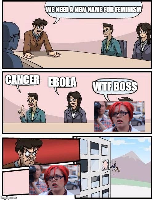 I'll go for the first one.... | WE NEED A NEW NAME FOR FEMINISM; CANCER; EBOLA; WTF BOSS | image tagged in memes,boardroom meeting suggestion,feminism,feminism is cancer | made w/ Imgflip meme maker