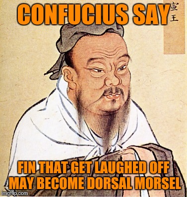 CONFUCIUS SAY FIN THAT GET LAUGHED OFF MAY BECOME DORSAL MORSEL | made w/ Imgflip meme maker