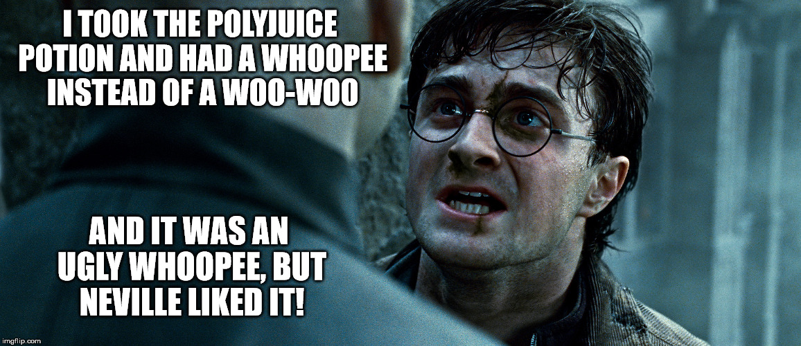 I TOOK THE POLYJUICE POTION AND HAD A WHOOPEE INSTEAD OF A WOO-WOO AND IT WAS AN UGLY WHOOPEE, BUT NEVILLE LIKED IT! | made w/ Imgflip meme maker