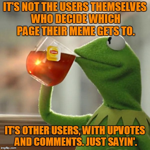 But That's None Of My Business Meme | IT'S NOT THE USERS THEMSELVES WHO DECIDE WHICH PAGE THEIR MEME GETS TO. IT'S OTHER USERS, WITH UPVOTES AND COMMENTS. JUST SAYIN'. | image tagged in memes,but thats none of my business,kermit the frog | made w/ Imgflip meme maker