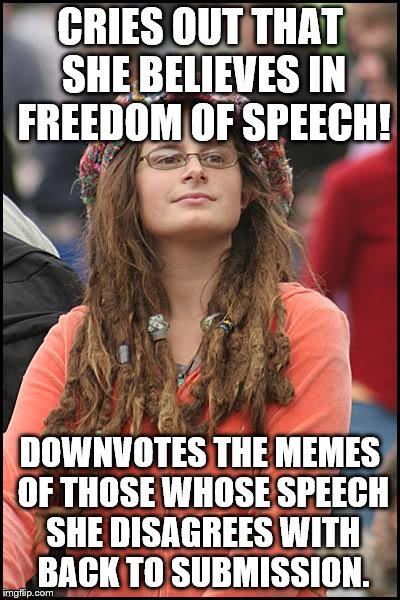 Some people must have way too much time. | CRIES OUT THAT SHE BELIEVES IN FREEDOM OF SPEECH! DOWNVOTES THE MEMES OF THOSE WHOSE SPEECH SHE DISAGREES WITH BACK TO SUBMISSION. | image tagged in memes,college liberal,free speech,downvote fairy | made w/ Imgflip meme maker
