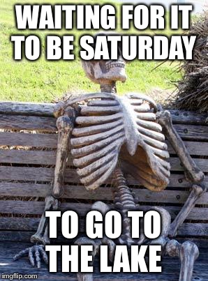 Waiting Skeleton Meme | WAITING FOR IT TO BE SATURDAY; TO GO TO THE LAKE | image tagged in memes,waiting skeleton | made w/ Imgflip meme maker