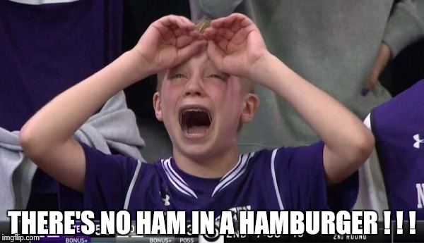 Northwestern no  | THERE'S NO HAM IN A HAMBURGER ! ! ! | image tagged in northwestern no | made w/ Imgflip meme maker