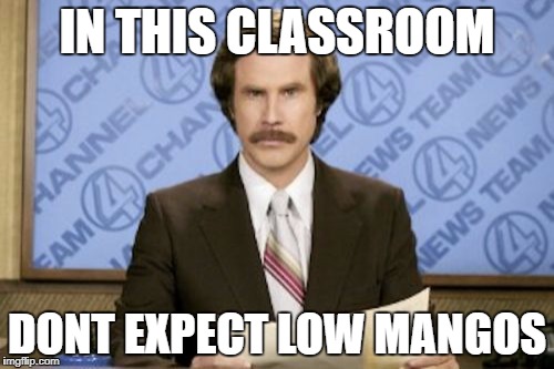 Ron Burgundy Meme | IN THIS CLASSROOM; DONT EXPECT LOW MANGOS | image tagged in memes,ron burgundy | made w/ Imgflip meme maker