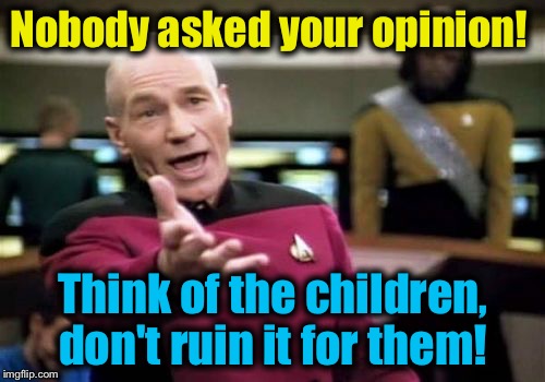 Picard Wtf Meme | Nobody asked your opinion! Think of the children, don't ruin it for them! | image tagged in memes,picard wtf | made w/ Imgflip meme maker