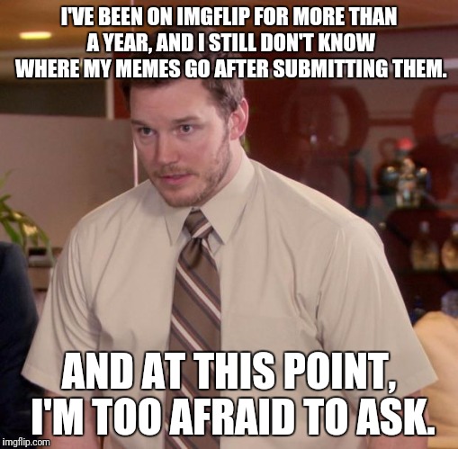 Upvote if you don't know, either!  Or, you know, if you feel like it. I'm not picky. | I'VE BEEN ON IMGFLIP FOR MORE THAN A YEAR, AND I STILL DON'T KNOW WHERE MY MEMES GO AFTER SUBMITTING THEM. AND AT THIS POINT, I'M TOO AFRAID TO ASK. | image tagged in memes,afraid to ask andy | made w/ Imgflip meme maker