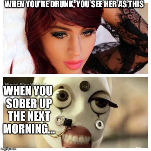 WHEN YOU'RE DRUNK, YOU SEE HER AS THIS; WHEN YOU SOBER UP THE NEXT MORNING... | image tagged in sex doll | made w/ Imgflip meme maker