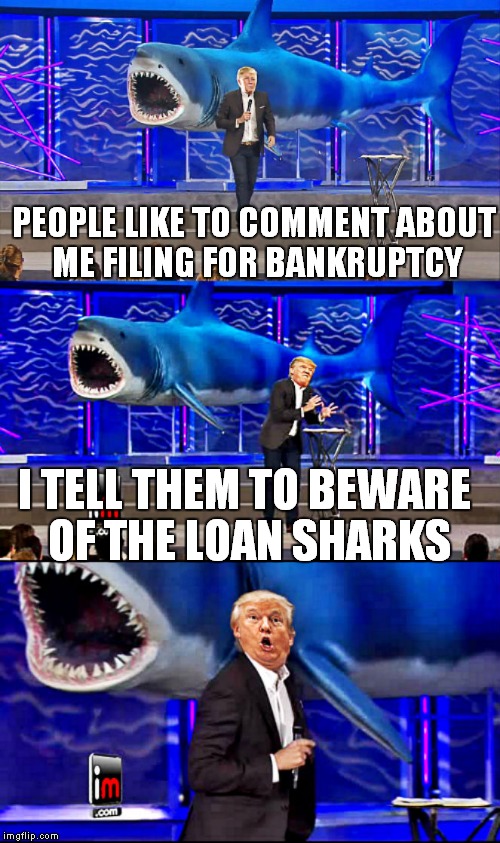 One more for the flipper...  Shark week a Raydog event! | PEOPLE LIKE TO COMMENT ABOUT ME FILING FOR BANKRUPTCY; I TELL THEM TO BEWARE OF THE LOAN SHARKS | image tagged in trump and shark bad pun,shark week | made w/ Imgflip meme maker