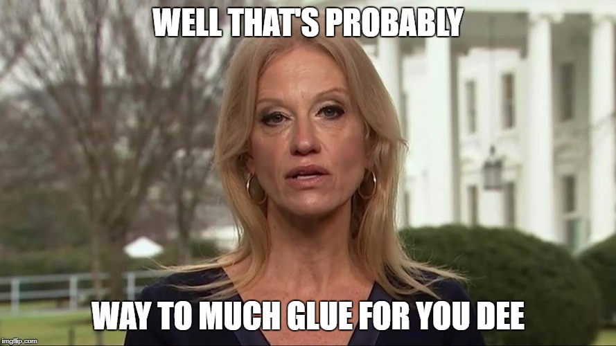 Kellyanne Conway alternative facts | WELL THAT'S PROBABLY; WAY TO MUCH GLUE FOR YOU DEE | image tagged in kellyanne conway alternative facts | made w/ Imgflip meme maker