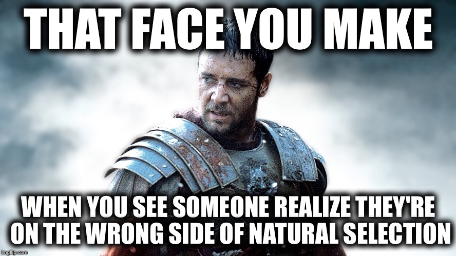 Gladiator123 | THAT FACE YOU MAKE; WHEN YOU SEE SOMEONE REALIZE THEY'RE ON THE WRONG SIDE OF NATURAL SELECTION | image tagged in gladiator123 | made w/ Imgflip meme maker