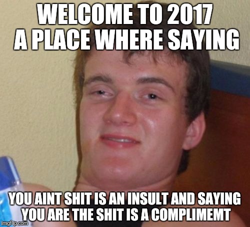10 Guy | WELCOME TO 2017 A PLACE WHERE SAYING; YOU AINT SHIT IS AN INSULT AND SAYING YOU ARE THE SHIT IS A COMPLIMEMT | image tagged in memes,10 guy | made w/ Imgflip meme maker