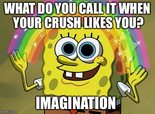 Imagination Spongebob | WHAT DO YOU CALL IT WHEN YOUR CRUSH LIKES YOU? IMAGINATION | image tagged in memes,imagination spongebob | made w/ Imgflip meme maker