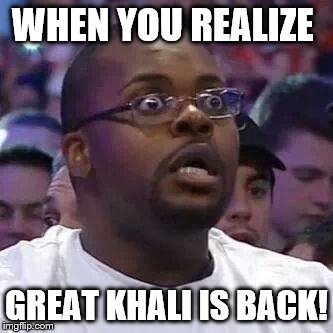 The New Face of the WWE after Wrestlemania 30 | WHEN YOU REALIZE; GREAT KHALI IS BACK! | image tagged in the new face of the wwe after wrestlemania 30 | made w/ Imgflip meme maker