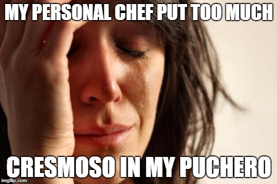 First World Problems Meme | MY PERSONAL CHEF PUT TOO MUCH; CRESMOSO IN MY PUCHERO | image tagged in memes,first world problems | made w/ Imgflip meme maker
