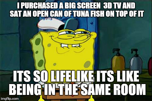 Don't You Squidward Meme | I PURCHASED A BIG SCREEN  3D TV AND SAT AN OPEN CAN OF TUNA FISH ON TOP OF IT ITS SO LIFELIKE ITS LIKE BEING IN THE SAME ROOM | image tagged in memes,dont you squidward | made w/ Imgflip meme maker