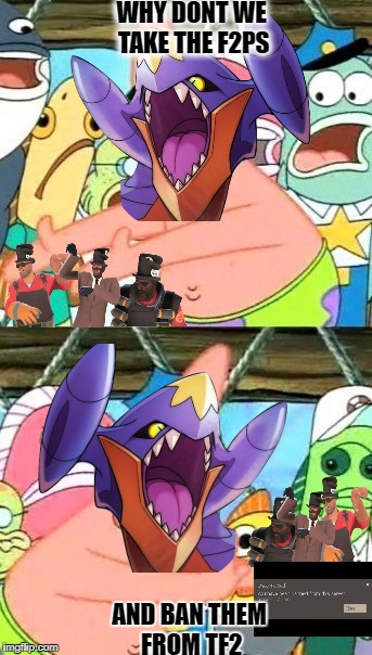 Put It Somewhere Else Patrick | WHY DONT WE TAKE THE F2PS; AND BAN THEM FROM TF2 | image tagged in memes,put it somewhere else patrick | made w/ Imgflip meme maker