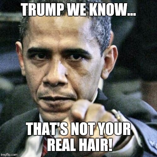 Pissed Off Obama | TRUMP WE KNOW... THAT'S NOT YOUR REAL HAIR! | image tagged in memes,pissed off obama | made w/ Imgflip meme maker