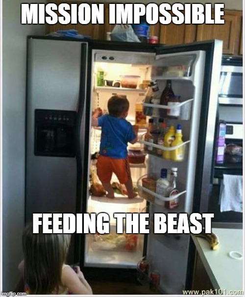 baby getting food from fridge | MISSION IMPOSSIBLE; FEEDING THE BEAST | image tagged in baby getting food from fridge | made w/ Imgflip meme maker