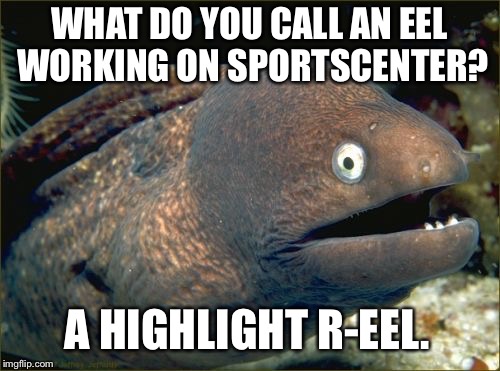 Bad Joke Eel Sportscenter | WHAT DO YOU CALL AN EEL WORKING ON SPORTSCENTER? A HIGHLIGHT R-EEL. | image tagged in memes,bad joke eel,sportscenter,espn,sports,first take | made w/ Imgflip meme maker