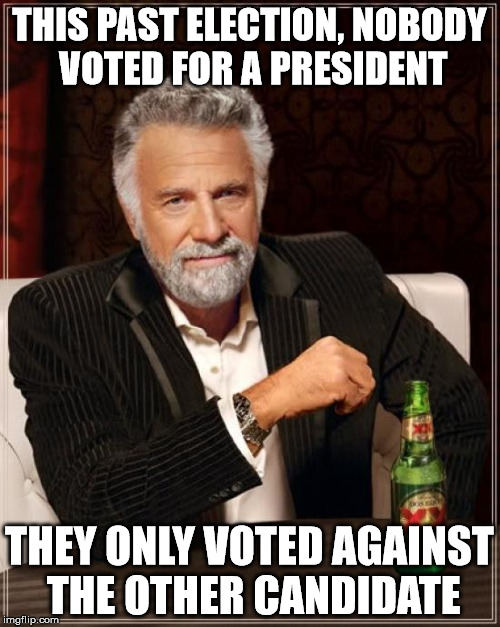 The Most Interesting Man In The World Meme | THIS PAST ELECTION, NOBODY VOTED FOR A PRESIDENT THEY ONLY VOTED AGAINST THE OTHER CANDIDATE | image tagged in memes,the most interesting man in the world | made w/ Imgflip meme maker