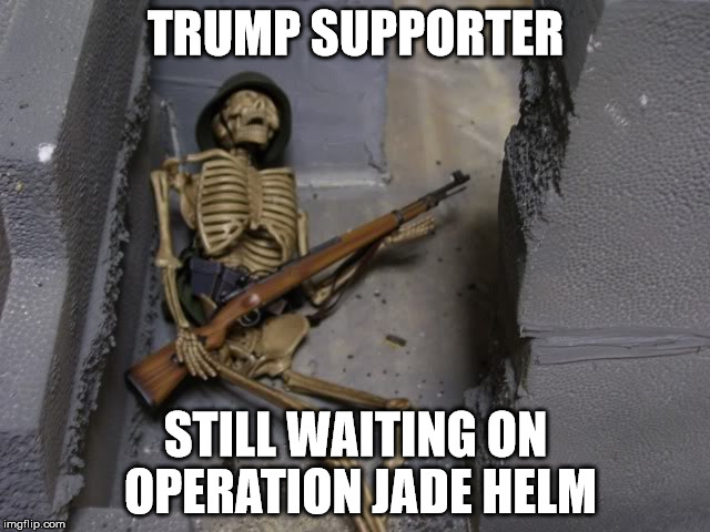 the illuminati actually renamed it to operation sapphire codpiece after they caught on | TRUMP SUPPORTER; STILL WAITING ON OPERATION JADE HELM | image tagged in trump prepper,conspiracy,full retard,fascism,alex jones,nsfw | made w/ Imgflip meme maker