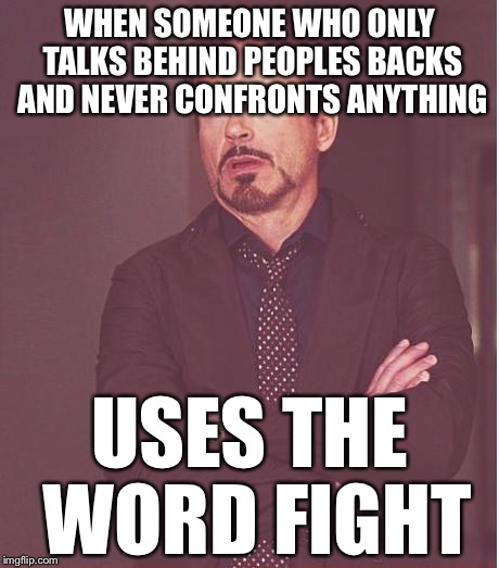 Face You Make Robert Downey Jr Meme | WHEN SOMEONE WHO ONLY TALKS BEHIND PEOPLES BACKS AND NEVER CONFRONTS ANYTHING; USES THE WORD FIGHT | image tagged in memes,face you make robert downey jr | made w/ Imgflip meme maker