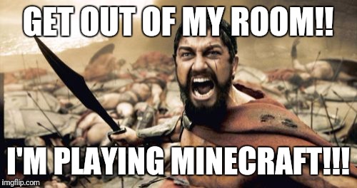 Sparta Leonidas Meme | GET OUT OF MY ROOM!! I'M PLAYING MINECRAFT!!! | image tagged in memes,sparta leonidas | made w/ Imgflip meme maker