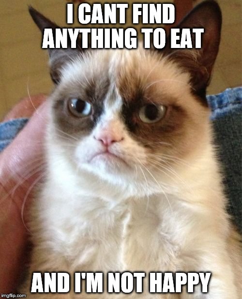 Grumpy Cat | I CANT FIND ANYTHING TO EAT; AND I'M NOT HAPPY | image tagged in memes,grumpy cat | made w/ Imgflip meme maker