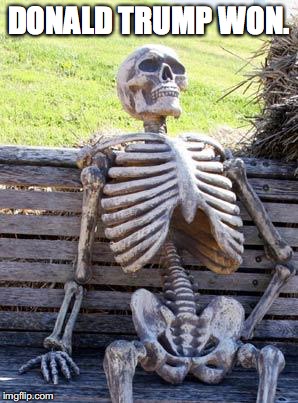 Waiting Skeleton | DONALD TRUMP WON. | image tagged in memes,waiting skeleton | made w/ Imgflip meme maker