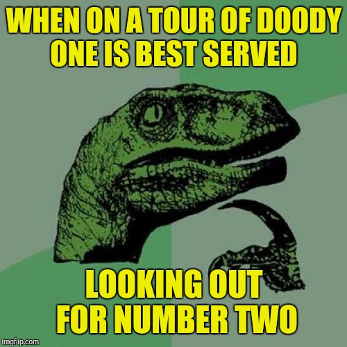 Philosoraptor Meme | WHEN ON A TOUR OF DOODY ONE IS BEST SERVED LOOKING OUT FOR NUMBER TWO | image tagged in memes,philosoraptor | made w/ Imgflip meme maker