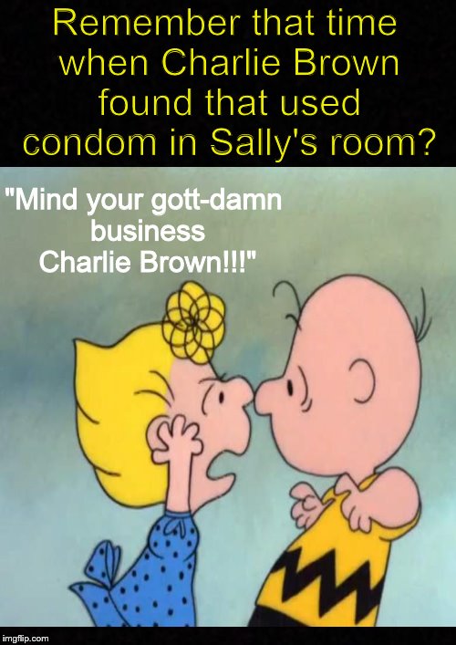 Poor Charlie Brown.... | Remember that time when Charlie Brown found that used condom in Sally's room? "Mind your gott-damn business Charlie Brown!!!" | image tagged in funny memes,charlie brown,condom,peanuts,dank memes | made w/ Imgflip meme maker