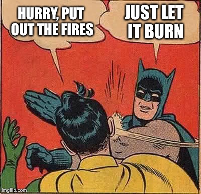 Batman Slapping Robin Meme | HURRY, PUT OUT THE FIRES; JUST LET IT BURN | image tagged in memes,batman slapping robin | made w/ Imgflip meme maker