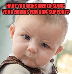 Skeptical Baby Meme | HAVE YOU CONSIDERED SUING YOUR BRAINS FOR NON-SUPPORT? | image tagged in memes,skeptical baby | made w/ Imgflip meme maker