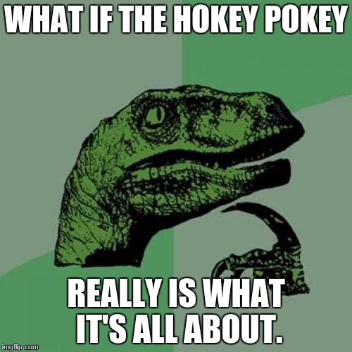 Philosoraptor | WHAT IF THE HOKEY POKEY; REALLY IS WHAT IT'S ALL ABOUT. | image tagged in memes,philosoraptor | made w/ Imgflip meme maker
