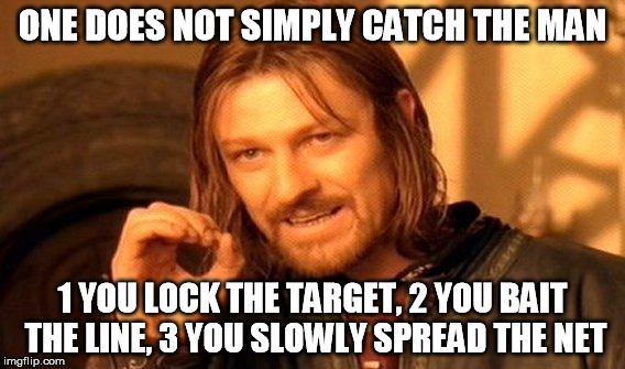 Headhunter | ONE DOES NOT SIMPLY CATCH THE MAN; 1 YOU LOCK THE TARGET, 2 YOU BAIT THE LINE, 3 YOU SLOWLY SPREAD THE NET | image tagged in memes,one does not simply,front 242,headhunter,industrial,goth | made w/ Imgflip meme maker