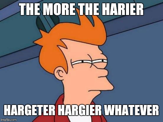 Futurama Fry Meme | THE MORE THE HARIER HARGETER HARGIER WHATEVER | image tagged in memes,futurama fry | made w/ Imgflip meme maker