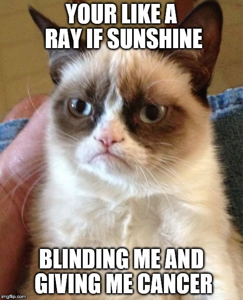 Grumpy Cat Meme | YOUR LIKE A RAY IF SUNSHINE; BLINDING ME AND GIVING ME CANCER | image tagged in memes,grumpy cat | made w/ Imgflip meme maker