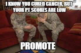 chAIR FORCE | I KNOW YOU CURED CANCER,
BUT YOUR PT SCORES ARE LOW; PROMOTE | image tagged in chair force | made w/ Imgflip meme maker