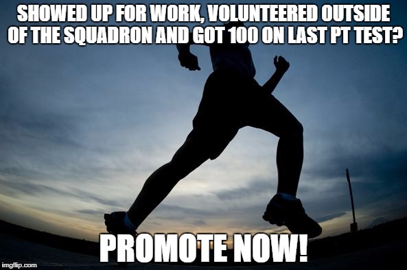SHOWED UP FOR WORK, VOLUNTEERED OUTSIDE OF THE SQUADRON AND GOT 100 ON LAST PT TEST? PROMOTE NOW! | image tagged in shadow runner | made w/ Imgflip meme maker