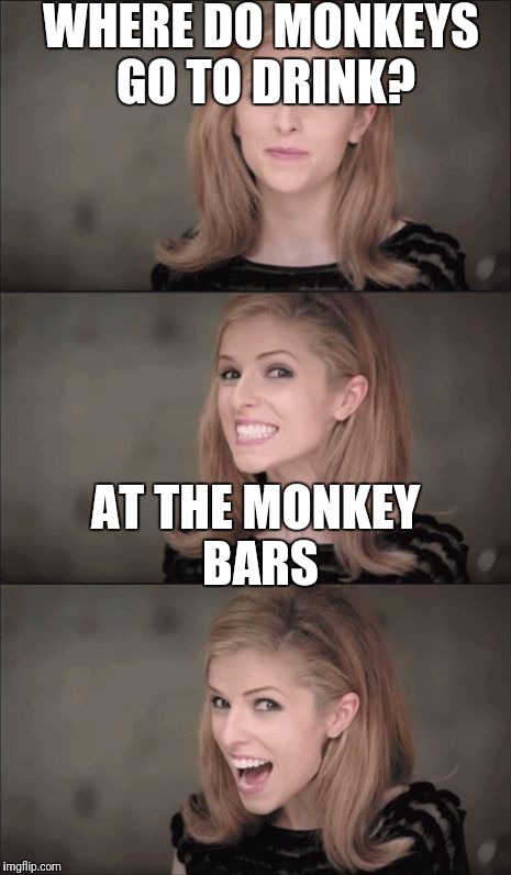 Bad Pun Anna Kendrick Meme | WHERE DO MONKEYS GO TO DRINK? AT THE MONKEY BARS | image tagged in memes,bad pun anna kendrick | made w/ Imgflip meme maker