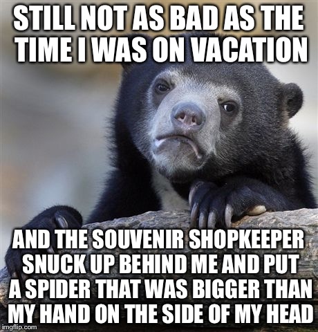 Confession Bear Meme | STILL NOT AS BAD AS THE TIME I WAS ON VACATION AND THE SOUVENIR SHOPKEEPER SNUCK UP BEHIND ME AND PUT A SPIDER THAT WAS BIGGER THAN MY HAND  | image tagged in memes,confession bear | made w/ Imgflip meme maker