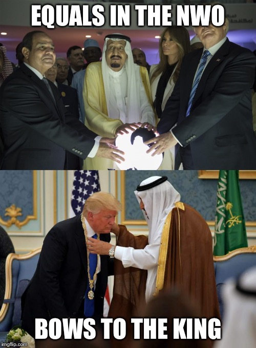 What did trump say about Obama and supporting and bowing , that's right | EQUALS IN THE NWO; BOWS TO THE KING | image tagged in memes,funny,trump,truth,animals,illuminati confirmed | made w/ Imgflip meme maker