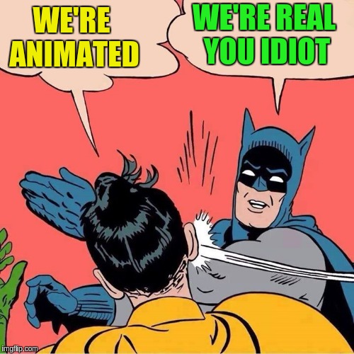 WE'RE ANIMATED WE'RE REAL YOU IDIOT | made w/ Imgflip meme maker