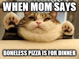 WHEN MOM SAYS; BONELESS PIZZA IS FOR DINNER | image tagged in catfunnymeme | made w/ Imgflip meme maker