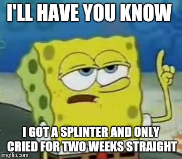 I'll Have You Know Spongebob | I'LL HAVE YOU KNOW; I GOT A SPLINTER AND ONLY CRIED FOR TWO WEEKS STRAIGHT | image tagged in memes,ill have you know spongebob | made w/ Imgflip meme maker