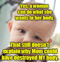Skeptical Baby Meme | Yes, a woman can do what she wants to her body. That still doesn't explain why Mom could have destroyed MY body. | image tagged in memes,skeptical baby,abortion,abortion is murder,prolife,pro choice | made w/ Imgflip meme maker