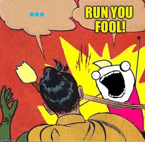 XY slaps Robin | . . . RUN YOU FOOL! | image tagged in xy slaps robin | made w/ Imgflip meme maker
