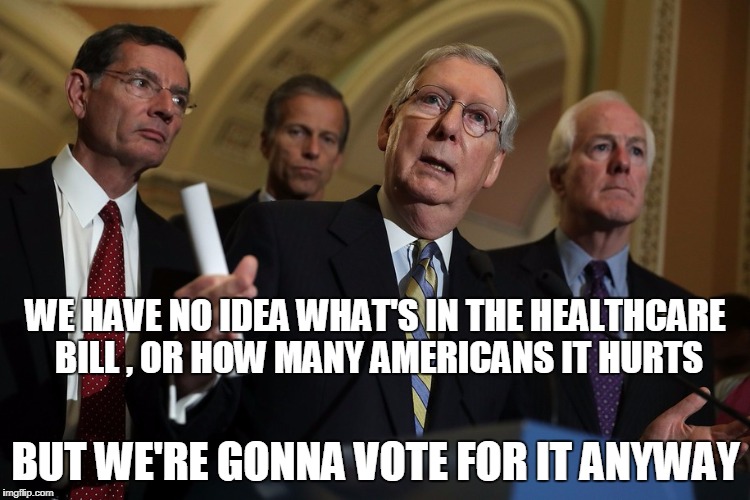 WE HAVE NO IDEA WHAT'S IN THE HEALTHCARE BILL , OR HOW MANY AMERICANS IT HURTS; BUT WE'RE GONNA VOTE FOR IT ANYWAY | image tagged in healthcare | made w/ Imgflip meme maker