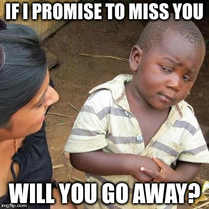 Third World Skeptical Kid | IF I PROMISE TO MISS YOU; WILL YOU GO AWAY? | image tagged in memes,third world skeptical kid | made w/ Imgflip meme maker